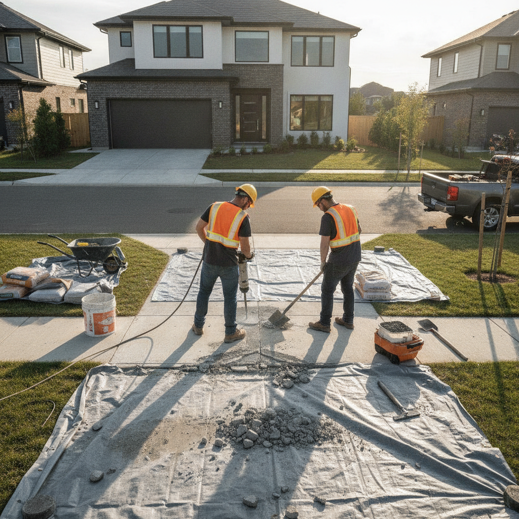 Create a realistic, professional service-business photograph showing Concrete Repair from behind, with the backs of their heads visible. Do not show any faces, facial features, front-facing views or side views, profiles, or identifiable peo