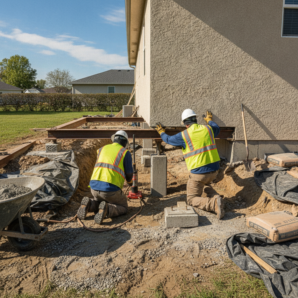 Create a realistic, professional service-business photograph showing Foundation Repair from behind, with the backs of their heads visible. Do not show any faces, facial features, front-facing views or side views, profiles, or identifiable p